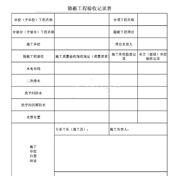 隱蔽工程驗(yàn)收規(guī)范 隱蔽工程驗(yàn)收記錄表